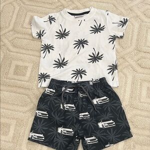 NWOT MISH Palm Tree Print T-Shirt and Car Print Shorts Set